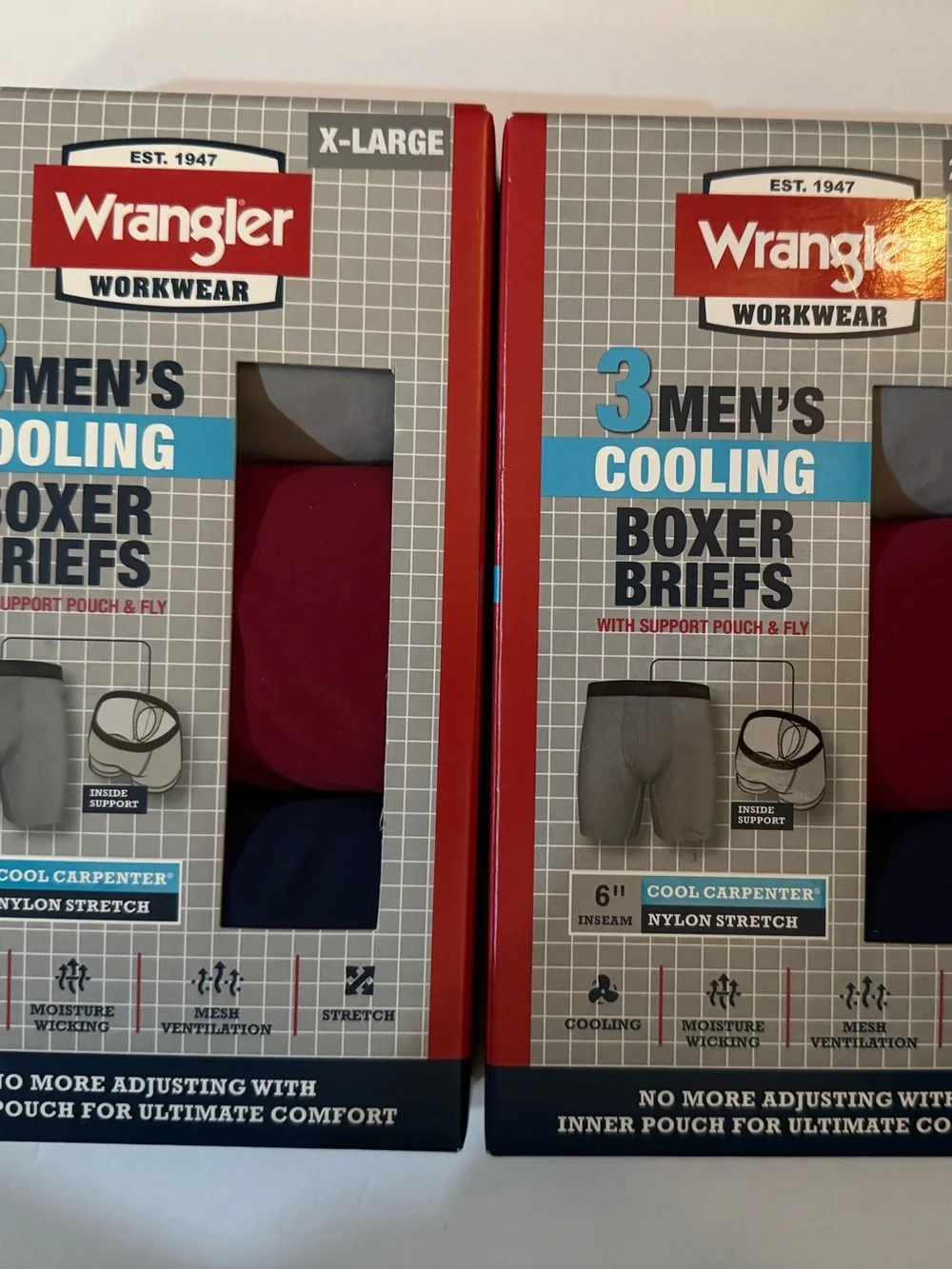 Wrangler Cool Carpenter 6” Boxer Briefs Men’s Underwear Gray, Red, & Blue